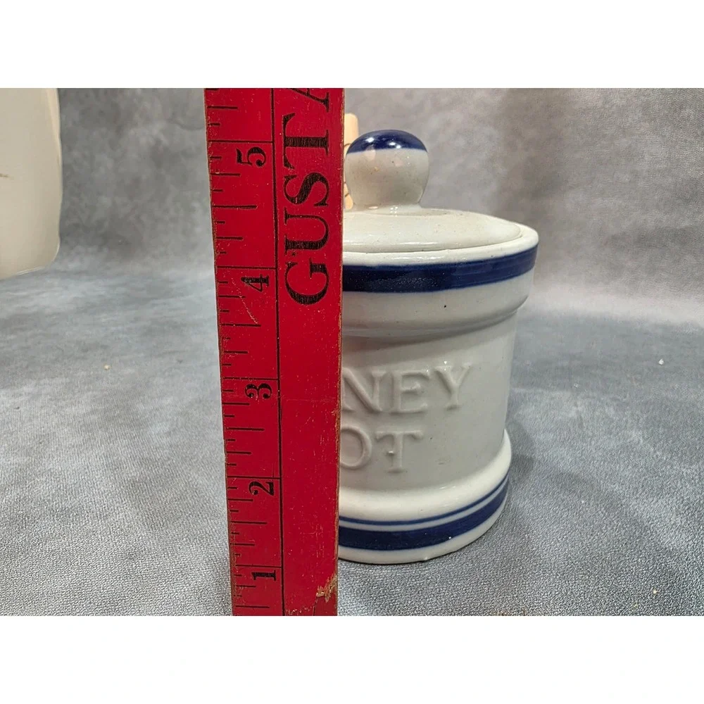 Vintage Stoneware Honey Pot with Lid and Wooden Dipper Blue Cream Ceramic Jar